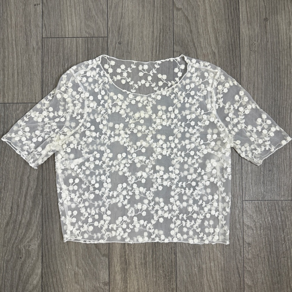 White Mesh Floral Crop Top | Sheer Y2K Boho Top | Women’s Size S